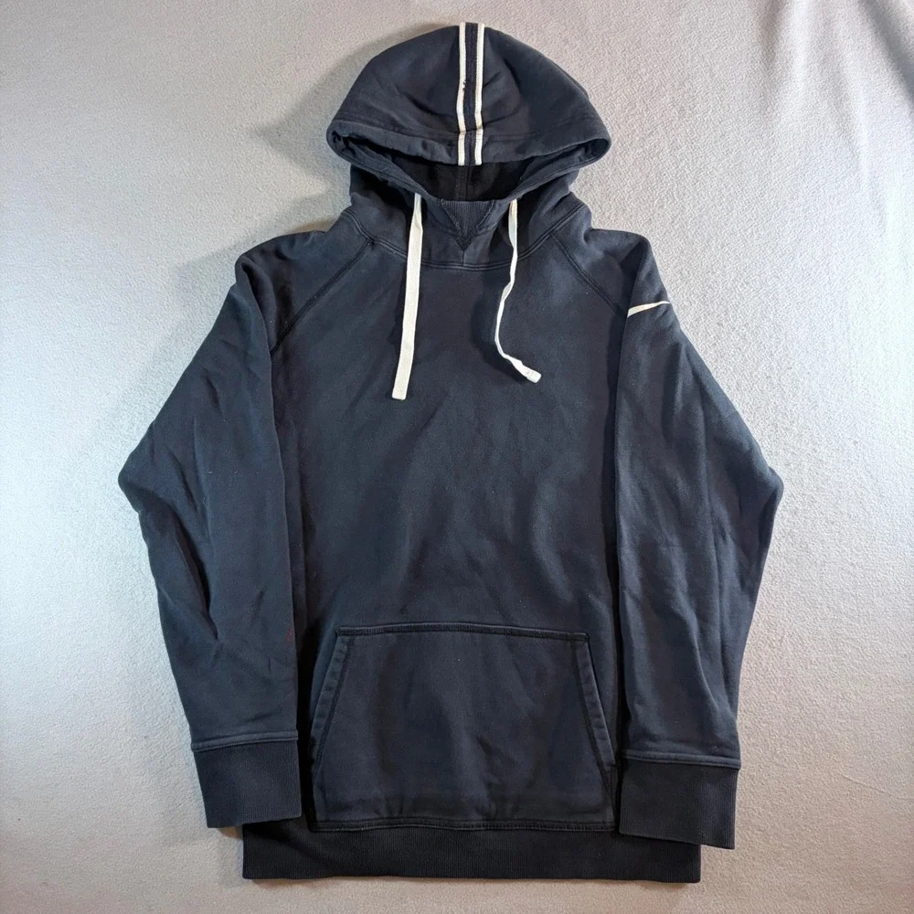 Nike Mens Black White Stripe Pullover Hoodie Swoosh Logo Size L Large